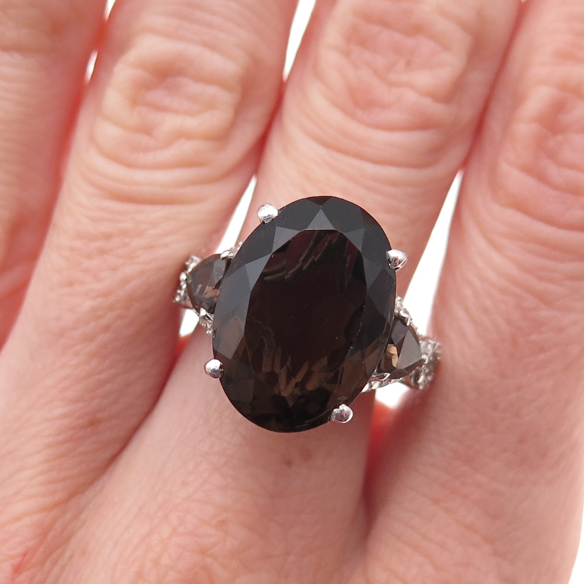 Chuck Clemency Sterling Silver Real Smoky Quartz & White Topaz Ring Size 7.75