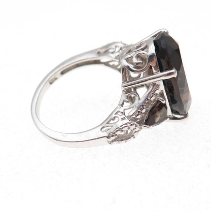Chuck Clemency Sterling Silver Real Smoky Quartz & White Topaz Ring Size 7.75