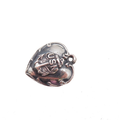 925 Sterling Silver Antique WWII US Navy Heart Chatelaine Oxidized Charm Pendant