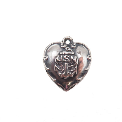 925 Sterling Silver Antique WWII US Navy Heart Chatelaine Oxidized Charm Pendant