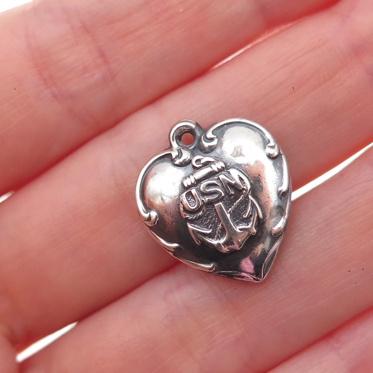 925 Sterling Silver Antique WWII US Navy Heart Chatelaine Oxidized Charm Pendant