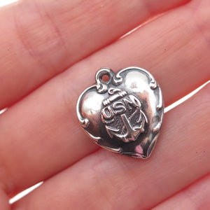 925 Sterling Silver Antique WWII US Navy Heart Chatelaine Oxidized Charm Pendant