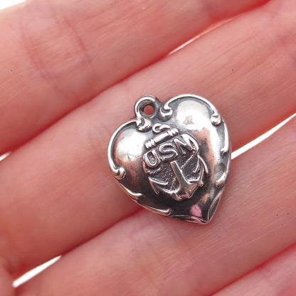 925 Sterling Silver Antique WWII US Navy Heart Chatelaine Oxidized Charm Pendant