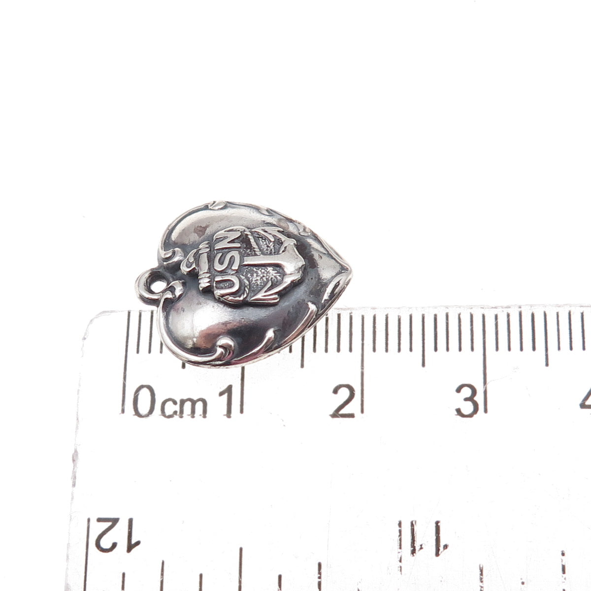 925 Sterling Silver Antique WWII US Navy Heart Chatelaine Oxidized Charm Pendant
