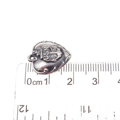 925 Sterling Silver Antique WWII US Navy Heart Chatelaine Oxidized Charm Pendant