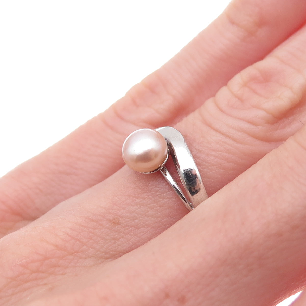 925 Sterling Silver Vintage Real Pearl Modernist Ring Size 7