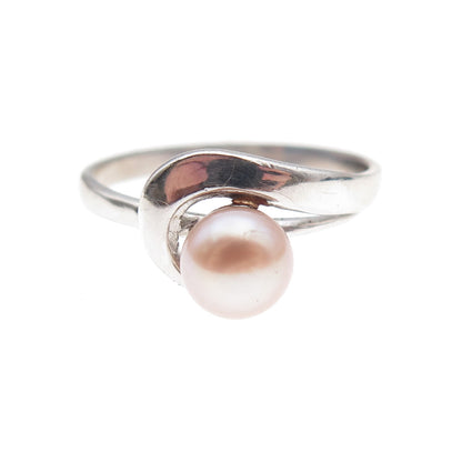 925 Sterling Silver Vintage Real Pearl Modernist Ring Size 7