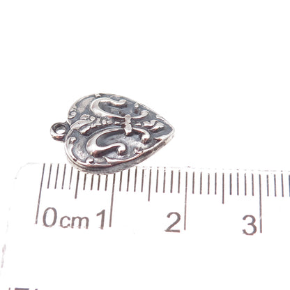 925 Sterling Silver Antique Art Deco Fleur de Lis Heart Chatelaine Charm Pendant