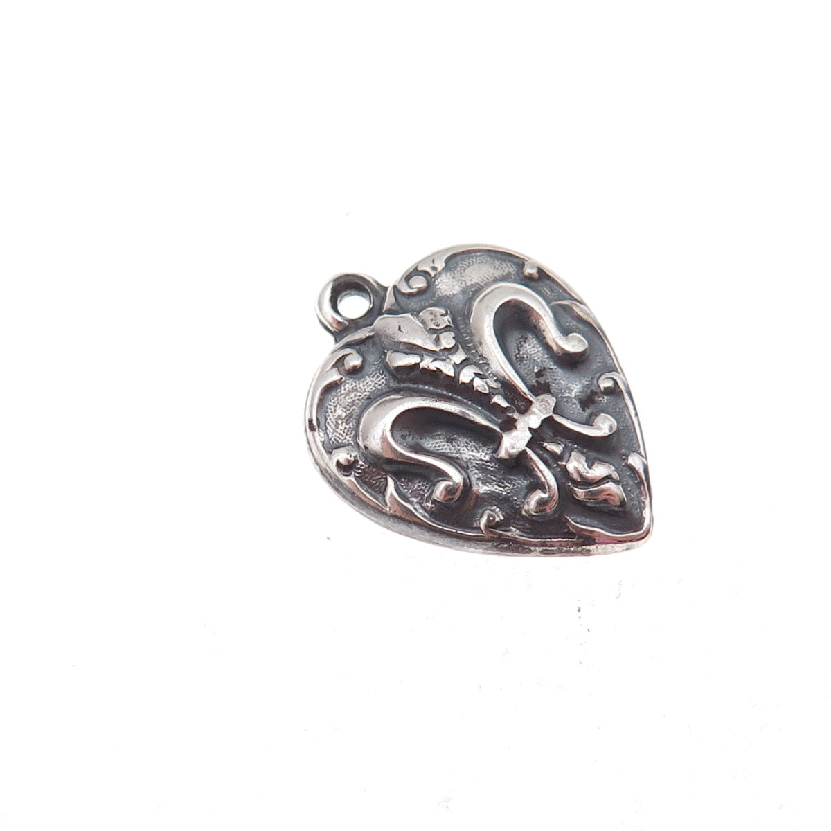 925 Sterling Silver Antique Art Deco Fleur de Lis Heart Chatelaine Charm Pendant