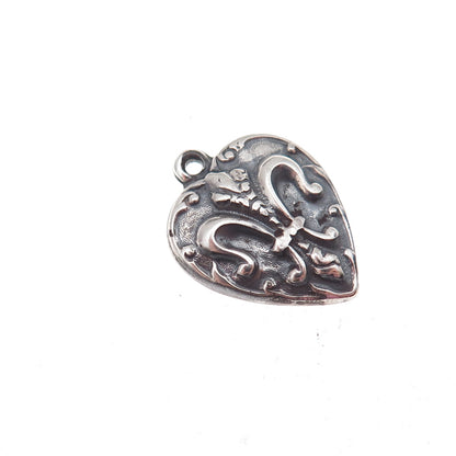 925 Sterling Silver Antique Art Deco Fleur de Lis Heart Chatelaine Charm Pendant