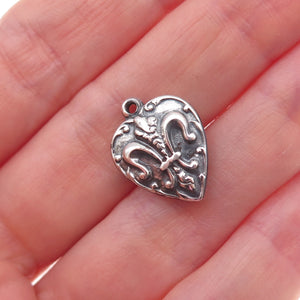 925 Sterling Silver Antique Art Deco Fleur de Lis Heart Chatelaine Charm Pendant