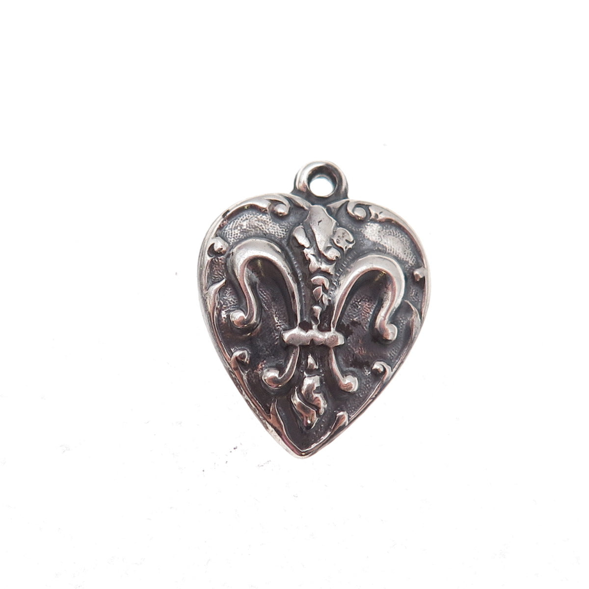 925 Sterling Silver Antique Art Deco Fleur de Lis Heart Chatelaine Charm Pendant