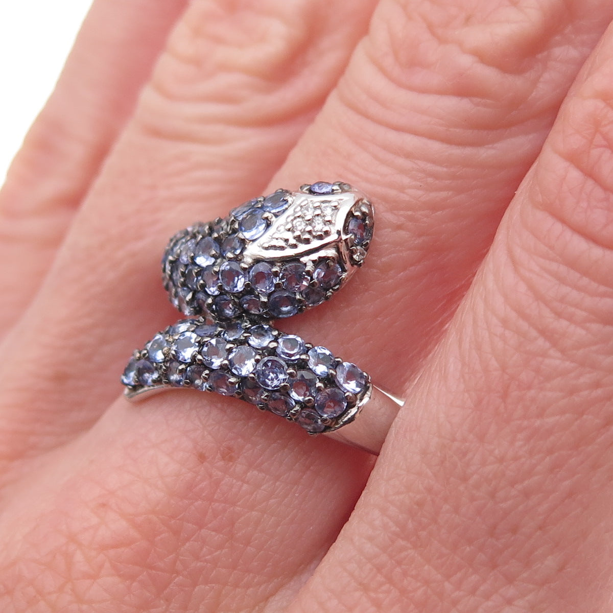 925 Sterling Silver Real Tanzanite & White Topaz Snake Ring Size 8.25