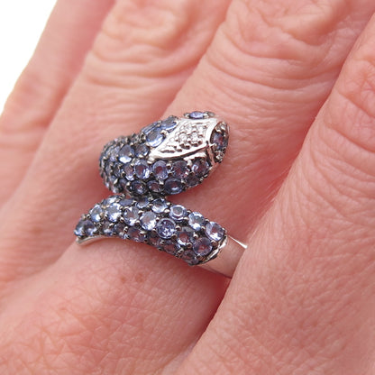 925 Sterling Silver Real Tanzanite & White Topaz Snake Ring Size 8.25