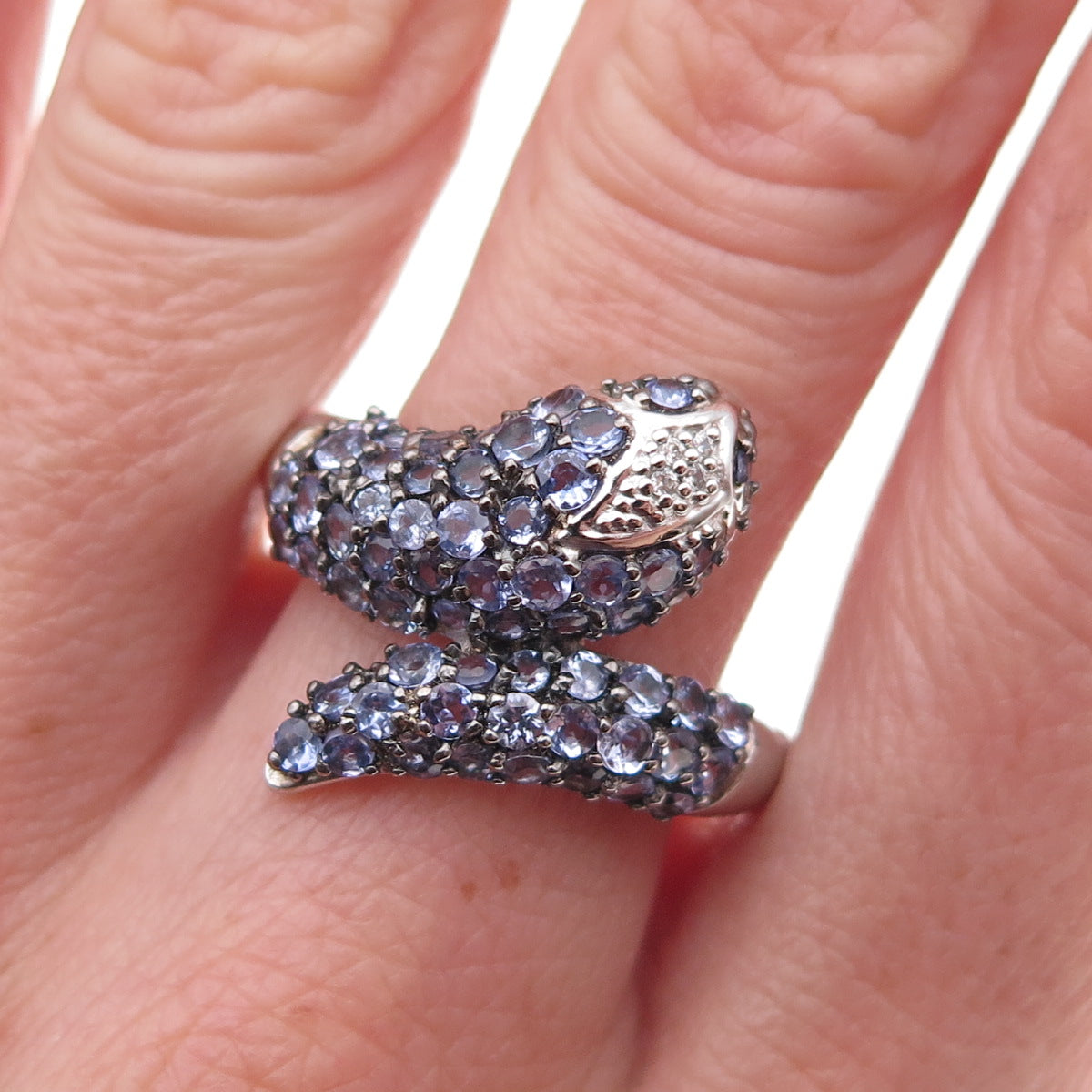 925 Sterling Silver Real Tanzanite & White Topaz Snake Ring Size 8.25