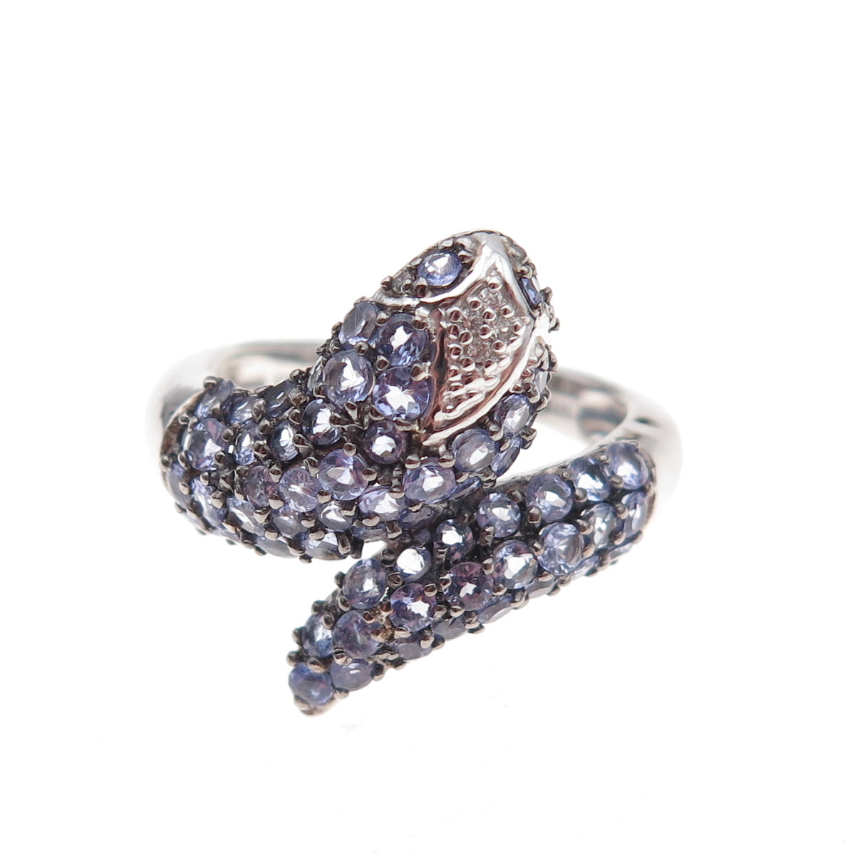 925 Sterling Silver Real Tanzanite & White Topaz Snake Ring Size 8.25