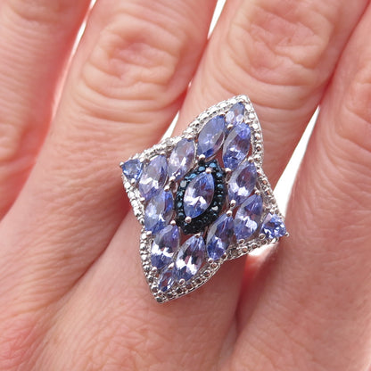 Chuck Clemency Sterling Silver Real Blue & White Diamond Tanzanite Ring Size 8