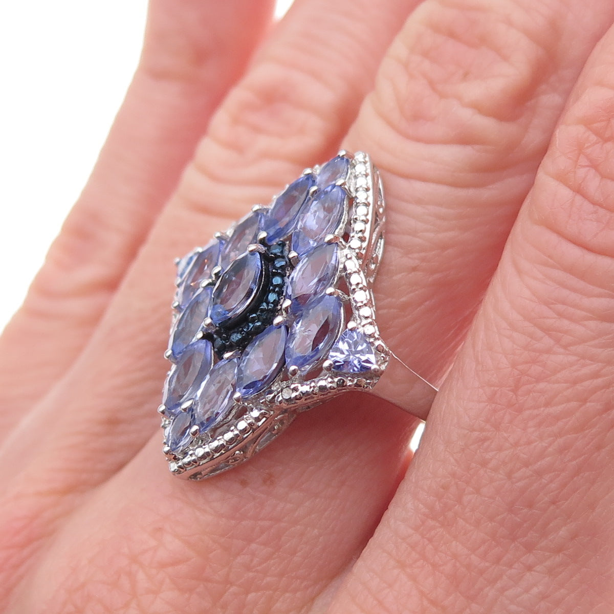 Chuck Clemency Sterling Silver Real Blue & White Diamond Tanzanite Ring Size 8