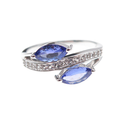925 Sterling Silver Real Tanzanite & White Topaz Bypass Ring Size 8.25