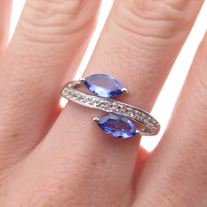 925 Sterling Silver Real Tanzanite & White Topaz Bypass Ring Size 8.25