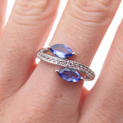 925 Sterling Silver Real Tanzanite & White Topaz Bypass Ring Size 8.25