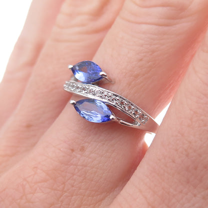 925 Sterling Silver Real Tanzanite & White Topaz Bypass Ring Size 8.25