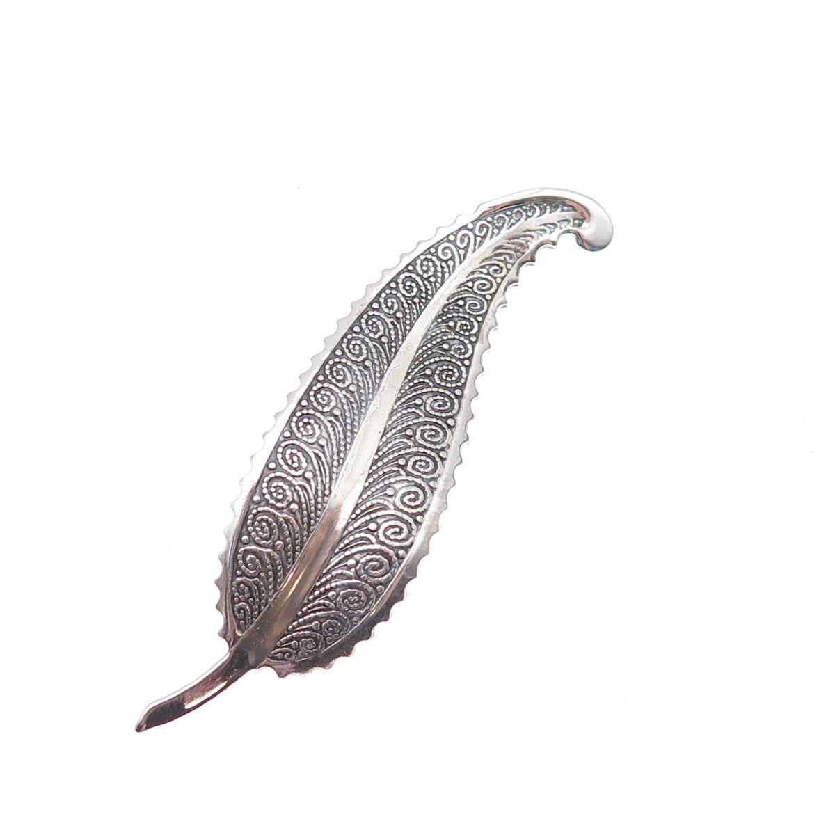 Beau 925 Sterling Silver Antique Art Deco Feather Filigree Oxidized Pin Brooch