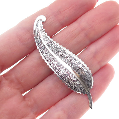 Beau 925 Sterling Silver Antique Art Deco Feather Filigree Oxidized Pin Brooch