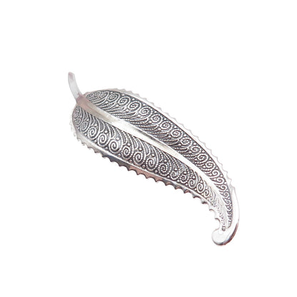 Beau 925 Sterling Silver Antique Art Deco Feather Filigree Oxidized Pin Brooch