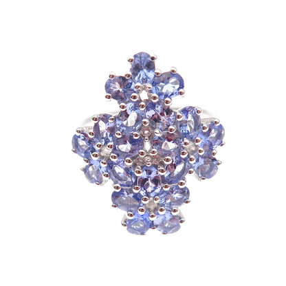 925 Sterling Silver Real Tanzanite & White Topaz Floral Cluster Ring Size 8