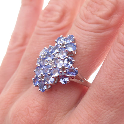925 Sterling Silver Real Tanzanite & White Topaz Floral Cluster Ring Size 8