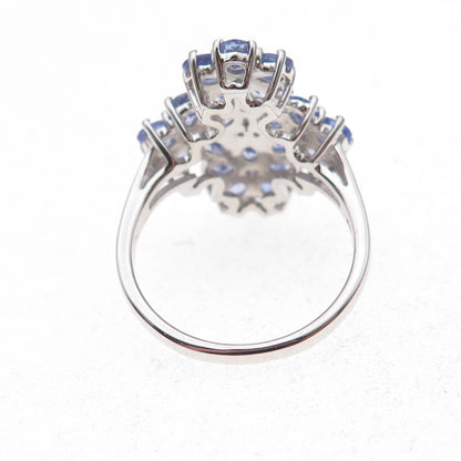 925 Sterling Silver Real Tanzanite & White Topaz Floral Cluster Ring Size 8