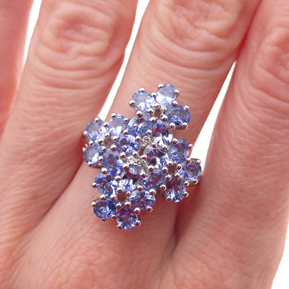 925 Sterling Silver Real Tanzanite & White Topaz Floral Cluster Ring Size 8