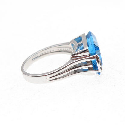 925 Sterling Silver 2-Tone Mexico Real Diamond & Blue Topaz Ring Size 7
