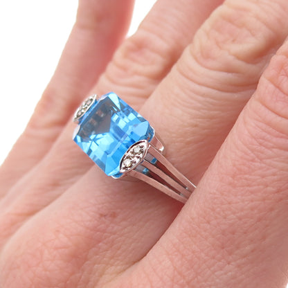 925 Sterling Silver 2-Tone Mexico Real Diamond & Blue Topaz Ring Size 7