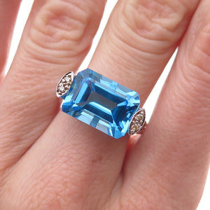 925 Sterling Silver 2-Tone Mexico Real Diamond & Blue Topaz Ring Size 7