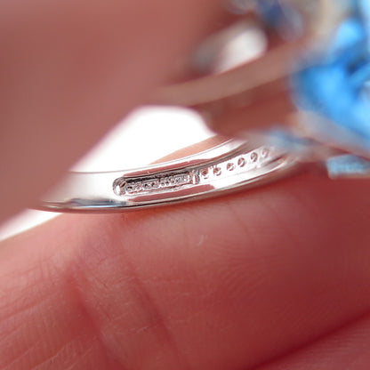 925 Sterling Silver 2-Tone Mexico Real Diamond & Blue Topaz Ring Size 7