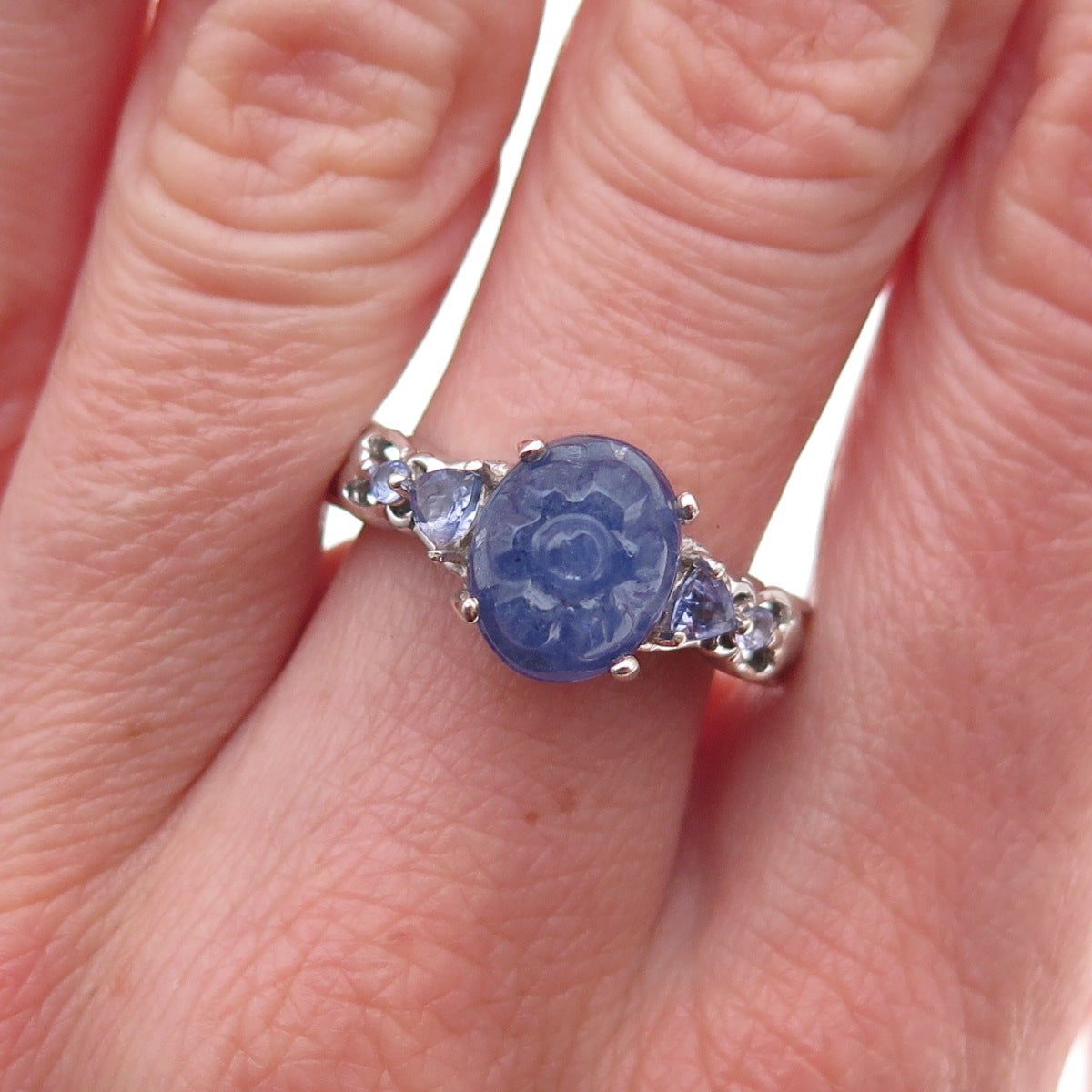 Chuck Clemency 925 Sterling Silver Real Tanzanite Carved Floral Ring Size 8