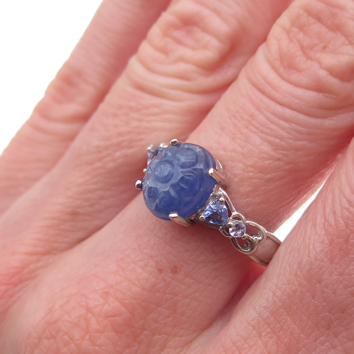 Chuck Clemency 925 Sterling Silver Real Tanzanite Carved Floral Ring Size 8
