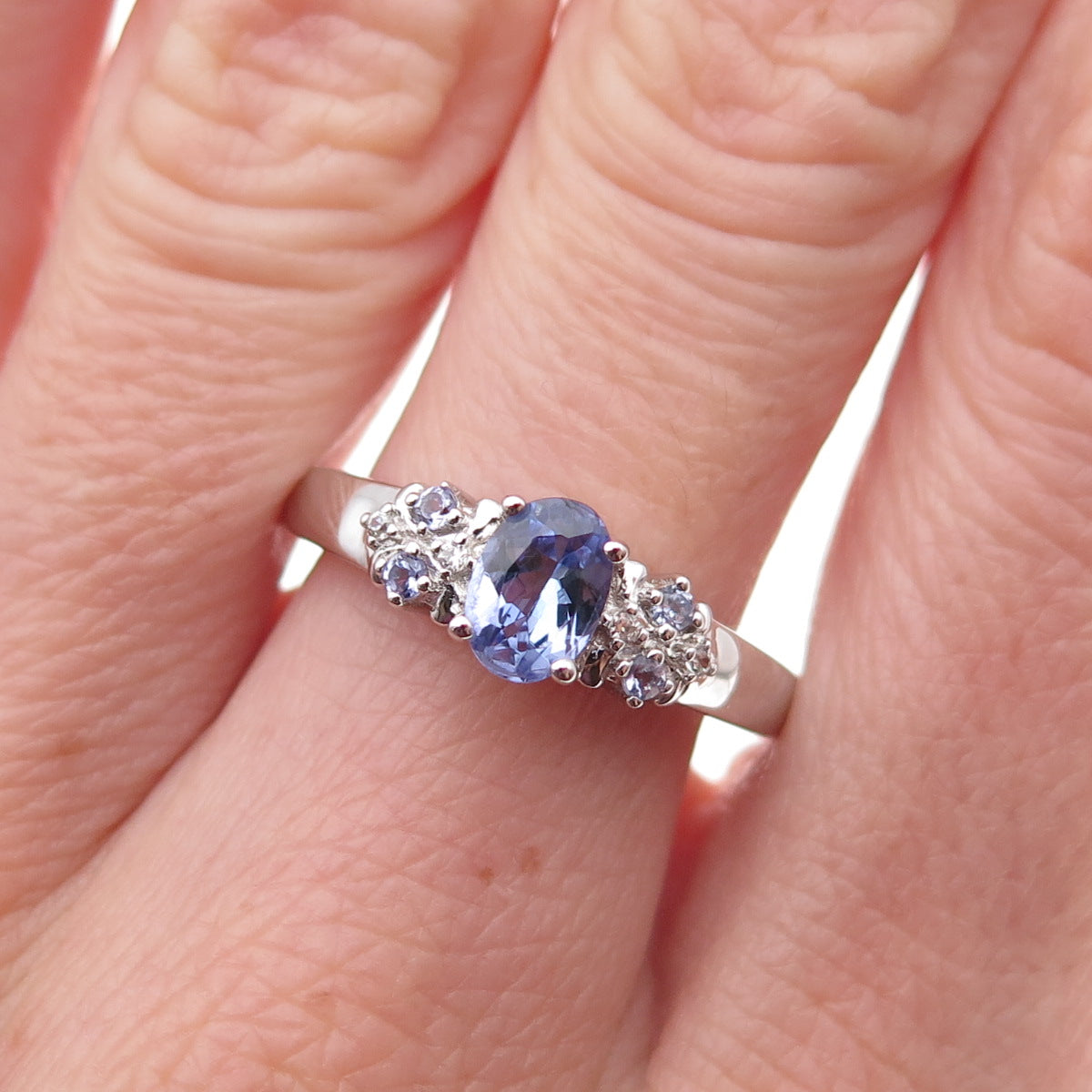925 Sterling Silver Real Tanzanite & White Topaz Ring Size 8