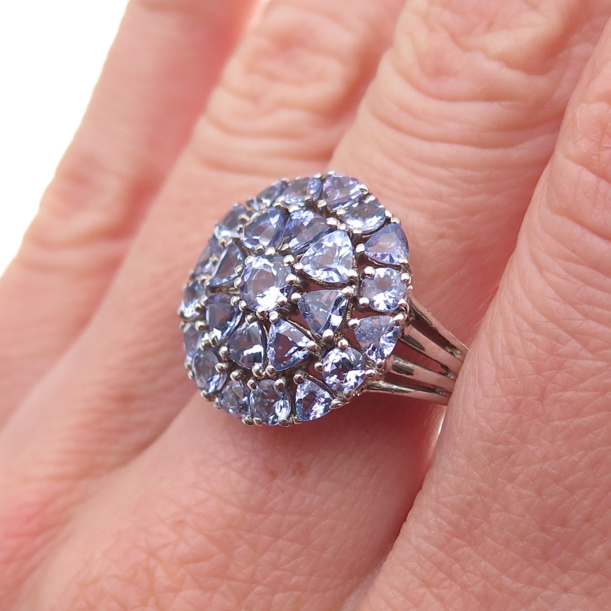925 Sterling Silver Real Round & Triangle-Cut Tanzanite Ring Size 8