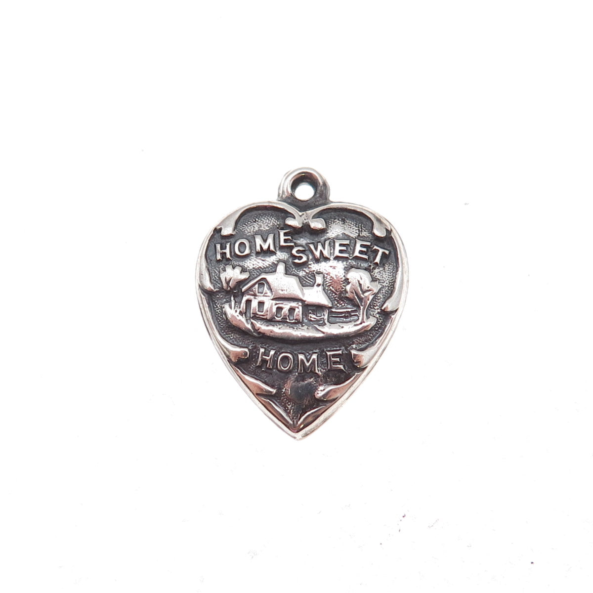 925 Sterling Silver Antique Art Deco Home Sweet Home Heart Chatelaine Pendant