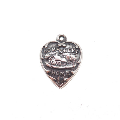 925 Sterling Silver Antique Art Deco Home Sweet Home Heart Chatelaine Pendant