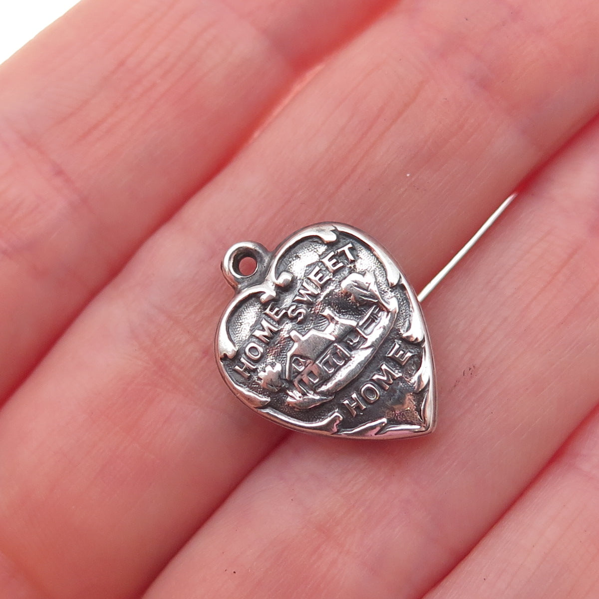 925 Sterling Silver Antique Art Deco Home Sweet Home Heart Chatelaine Pendant