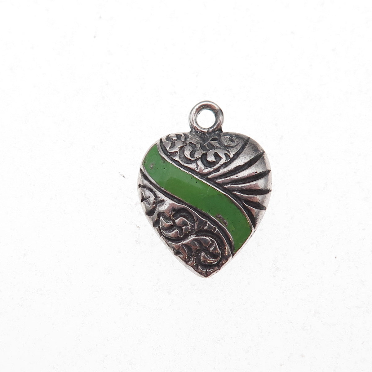 925 Sterling Silver Antique Art Deco Enamel Heart Chatelaine Charm Pendant