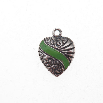 925 Sterling Silver Antique Art Deco Enamel Heart Chatelaine Charm Pendant