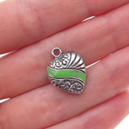 925 Sterling Silver Antique Art Deco Enamel Heart Chatelaine Charm Pendant