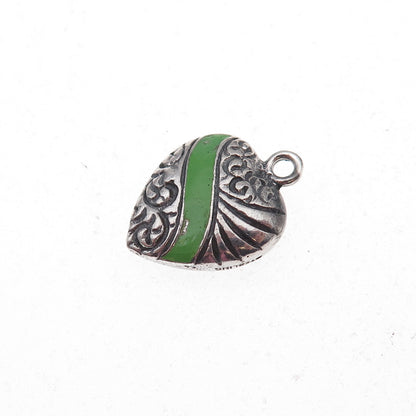 925 Sterling Silver Antique Art Deco Enamel Heart Chatelaine Charm Pendant