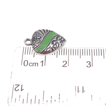 925 Sterling Silver Antique Art Deco Enamel Heart Chatelaine Charm Pendant