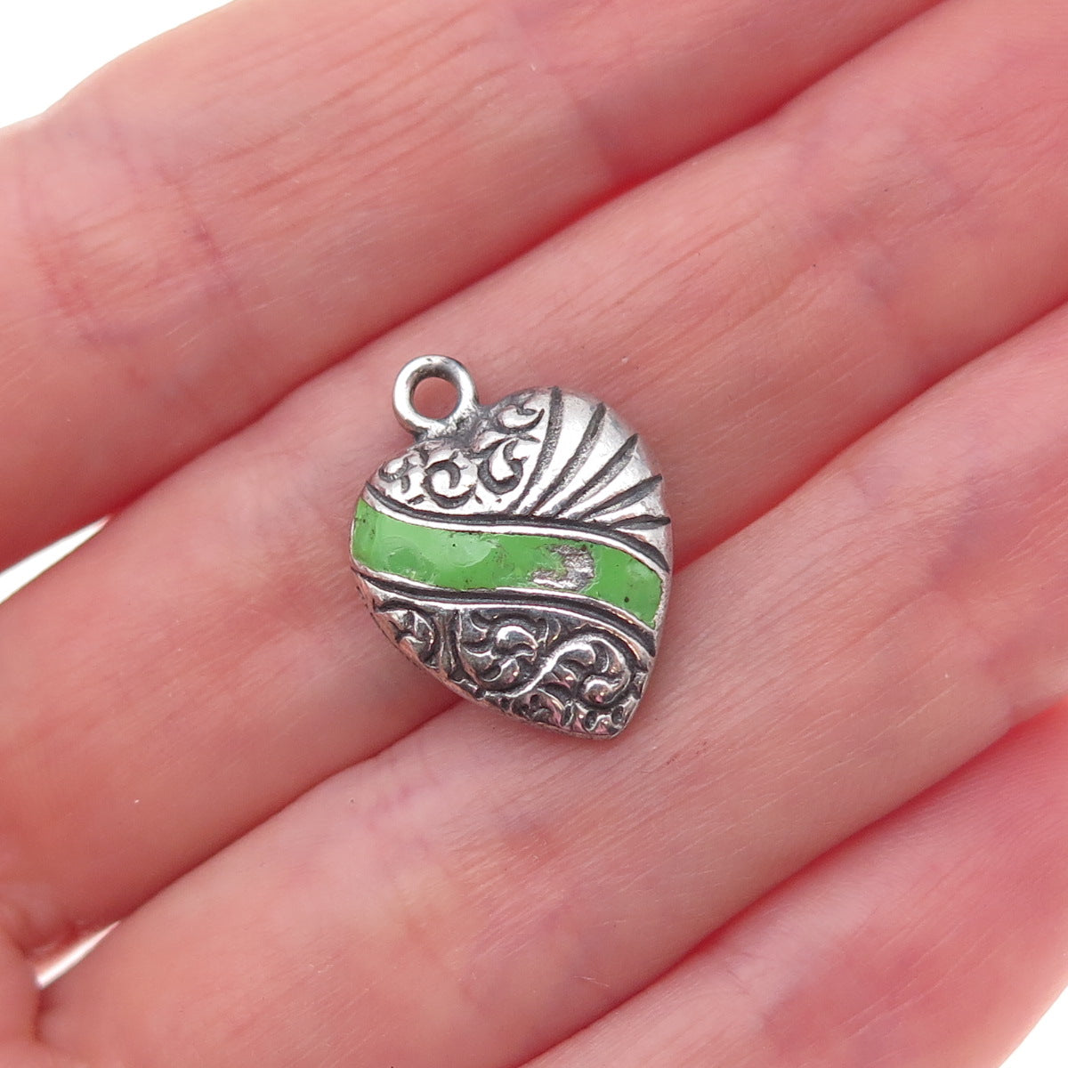 925 Sterling Silver Antique Art Deco Enamel Heart Chatelaine Charm Pendant